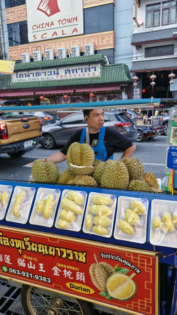 Durians for sale on a stall in Yaowarat