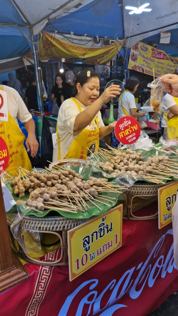 Grilled vegetarian skewers on a stall in Yaowarat