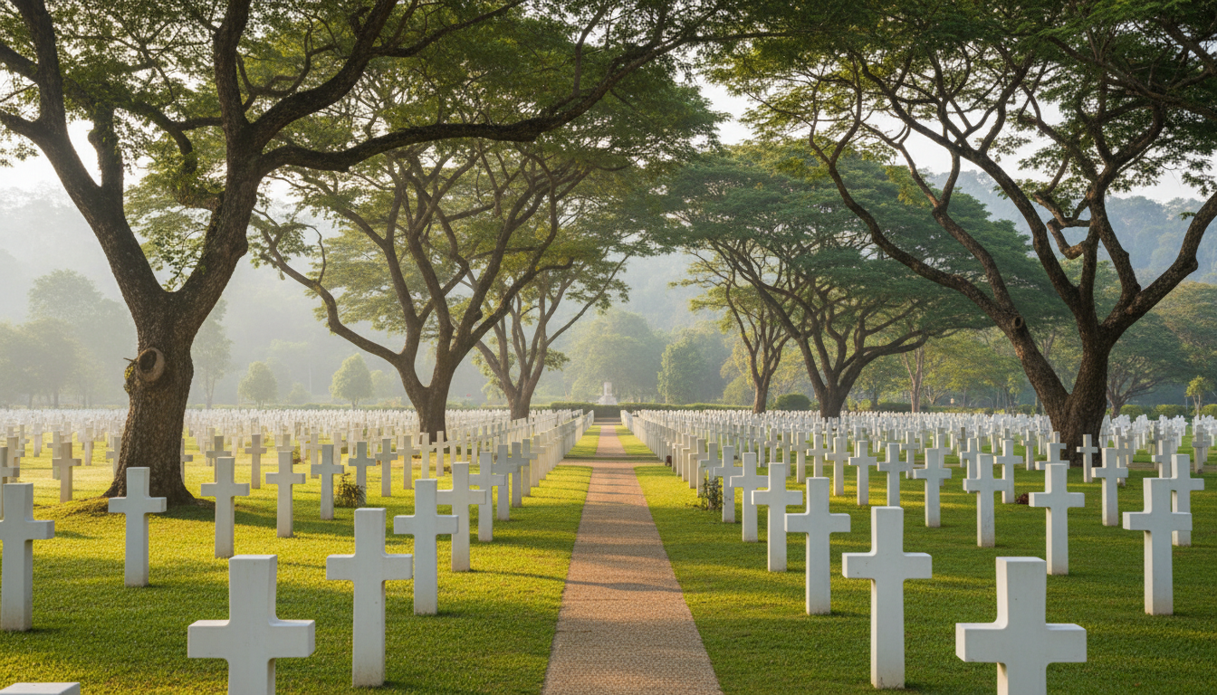 Cimetière commémoratif de Kanchanaburi sous les arbres.