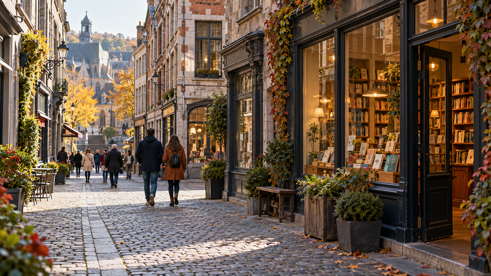 Liège street with bookshops and local businesses