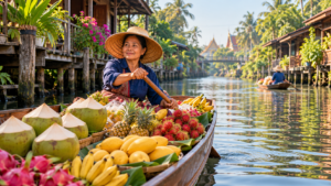 Marchande thaïlandaise vendant des fruits frais depuis une barque sur un canal bordé de maisons en bois près de Bangkok