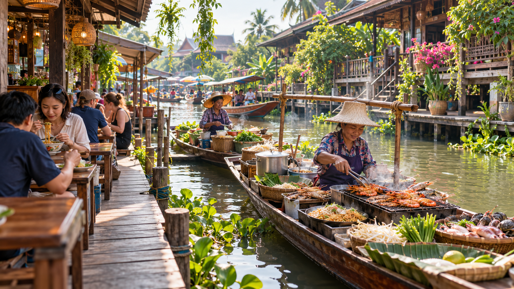 Vendors offer prepared food and fresh produce from boats beside a wooden walkway at a Thai floating market.