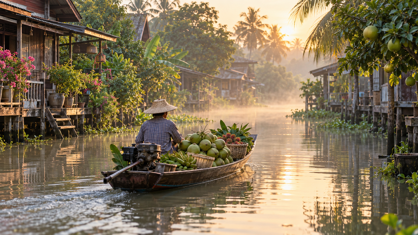 A boat carrying coconuts travels along a canal lined with wooden homes and orchards in the Thai countryside.