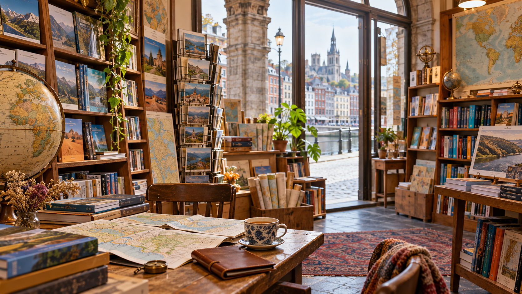 Welcoming interior of a travel bookshop in Liège