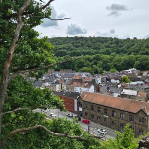 Vue en hauteur sur les toits d'une ville wallonne et ses collines boisées