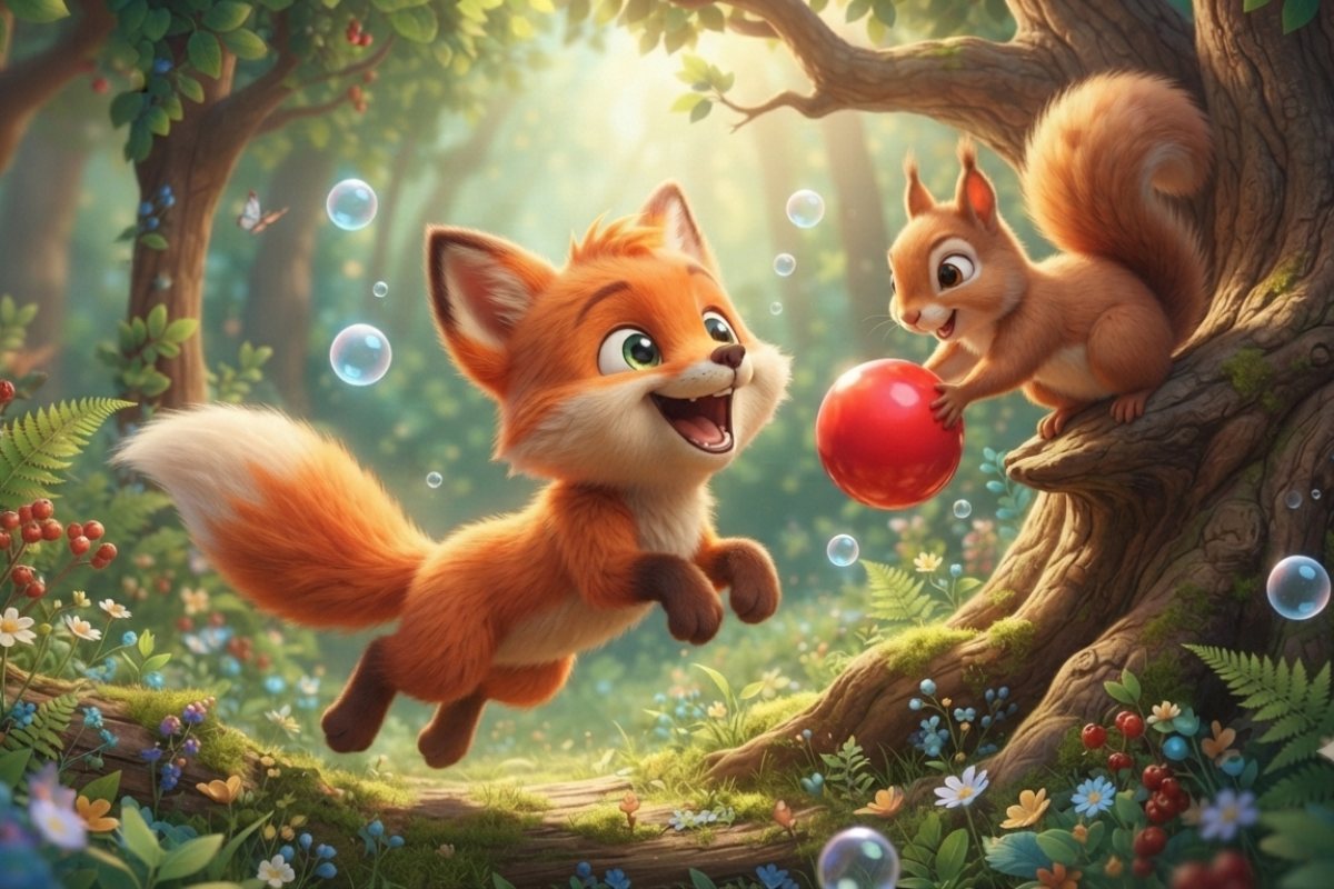 Léo le petit renard joue dans la forêt, illustration de l'album de Mr Schaka