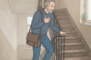 Michael monte un escalier, valise à la main : illustration de La Saison du souffle en BD