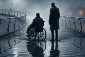 Victor et Oscar sur une passerelle sous la pluie, couverture de L'Homme au visage d'eau