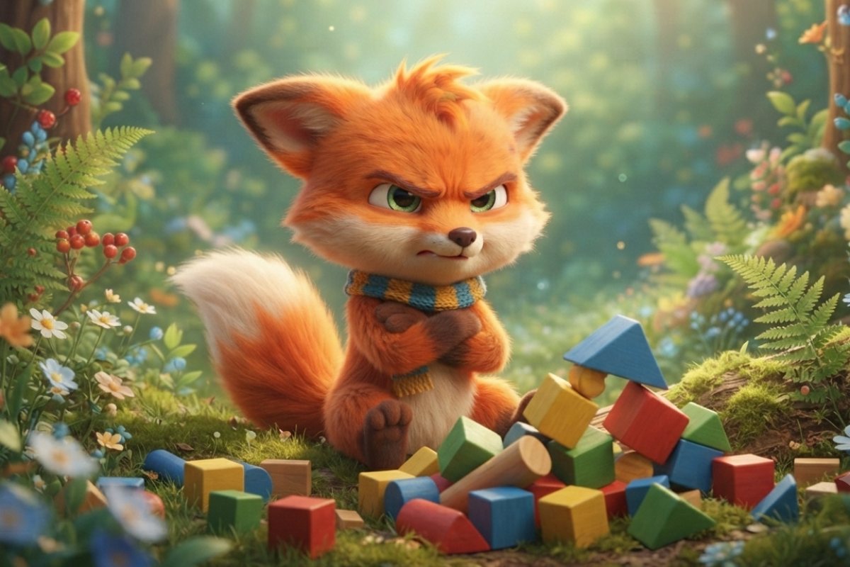 Léo le petit renard et ses cubes dans la forêt, illustration de l'album de Mr Schaka