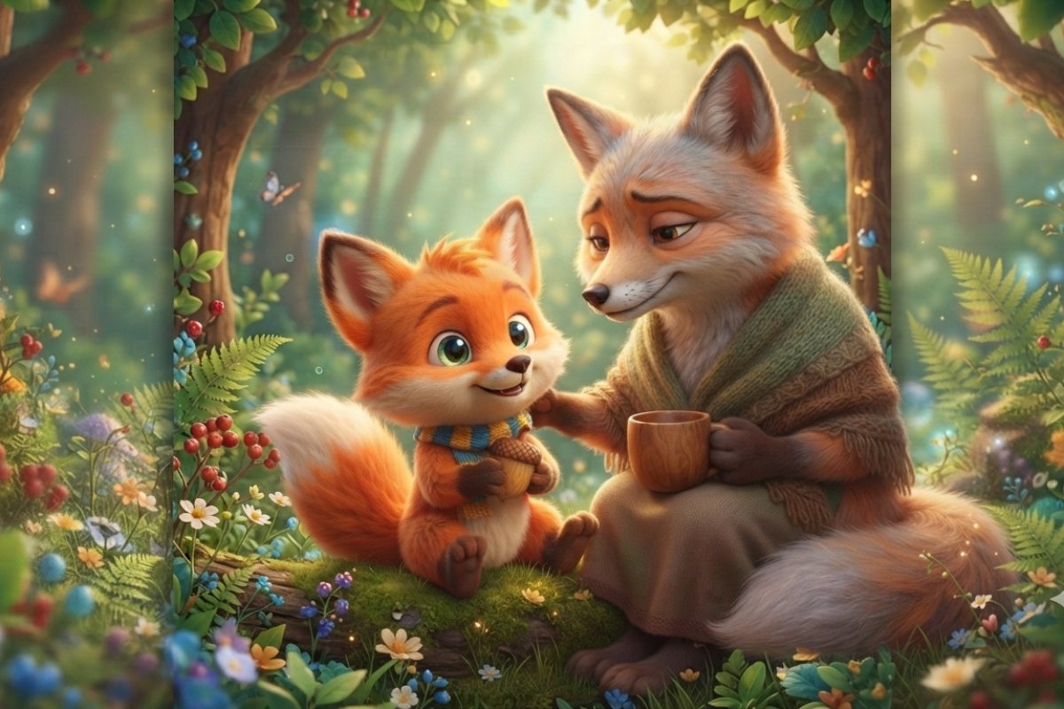 Léo le petit renard et sa grand-mère dans la forêt, illustration de l'album de Mr Schaka