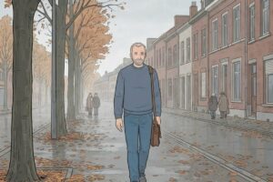 Un homme marche seul sous la pluie d'automne en Belgique : illustration de La Saison du souffle en BD
